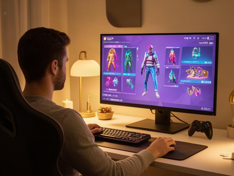Player browsing character outfits and virtual room decor on a monitor at a warmly lit desk